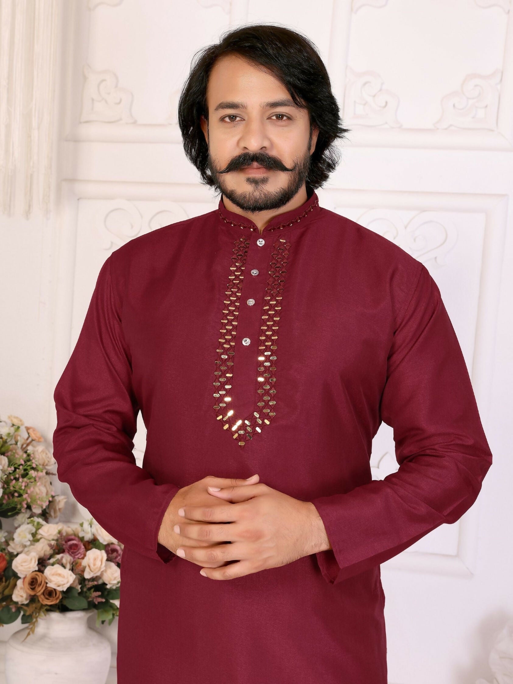 Anaita Maroon Silk Straight Kurta With Neck Mirror Work