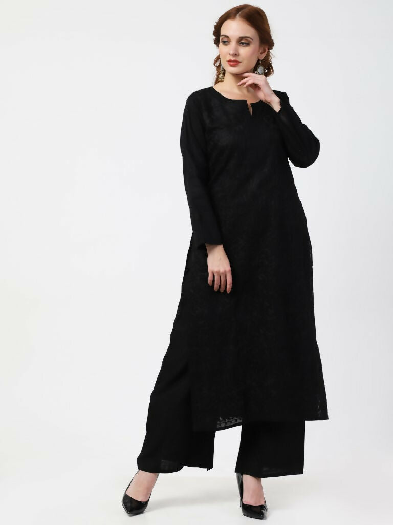 Cheera Women Stylish Hand Chikenkari Cotton Kurta With Palazzo - Black