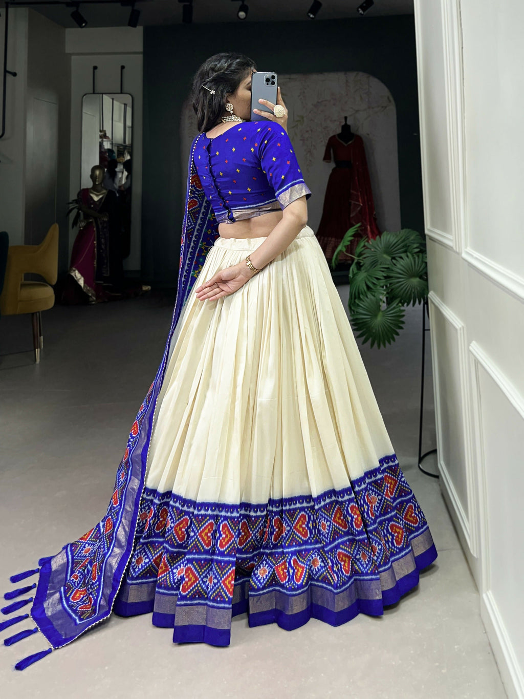 Lorenvalley Offwhite and Royalblue Tussar Silk Patola Print Lehenga Choli