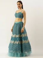 House of Panchhi Women Sea Green Net Zig-Zag Embroideried Lehenga, Blouse & Dupatta