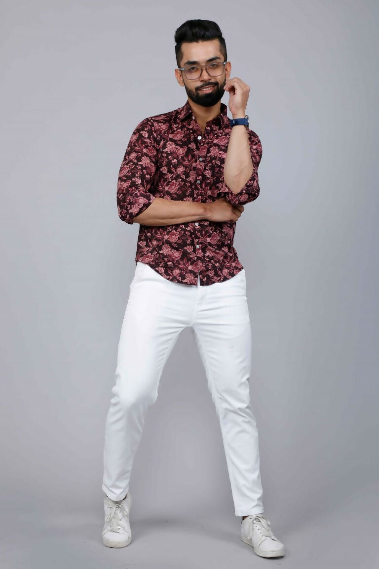 Miravan Men's Floral Slim Fit Long Sleeves Maroon Shirt