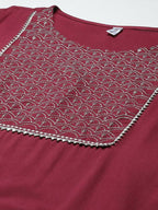 Yufta Women Burgundy Yoke Design Regular Sequinned Kurta with Palazzos & With Dupatta