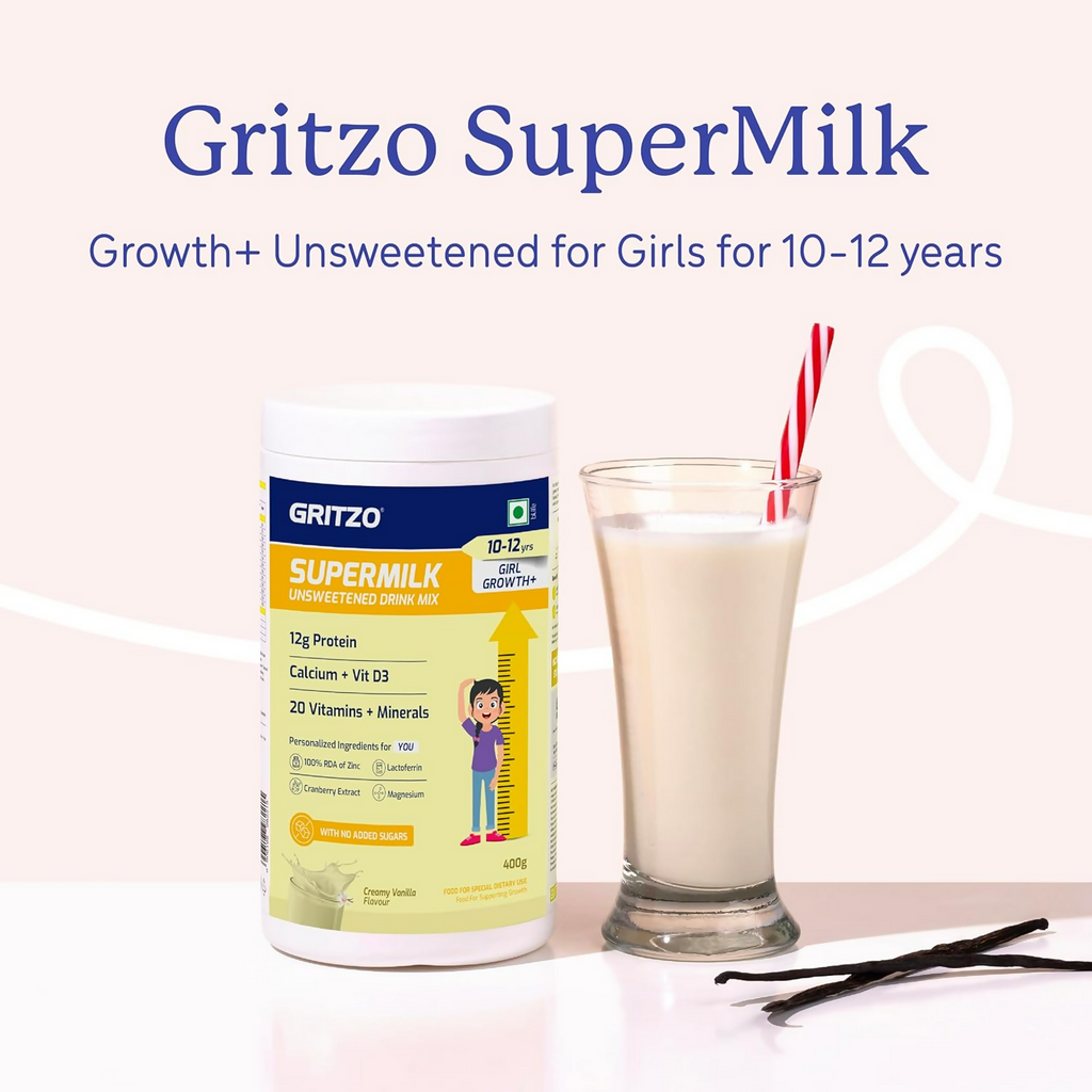 Gritzo SuperMilk Growth+ (Formerly Height+) Unsweetened Drink Mix (10-12y Girls), 12g Protein Powder Creamy Vanilla