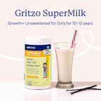 Gritzo SuperMilk Growth+ (Formerly Height+) Unsweetened Drink Mix (10-12y Girls), 12g Protein Powder Creamy Vanilla