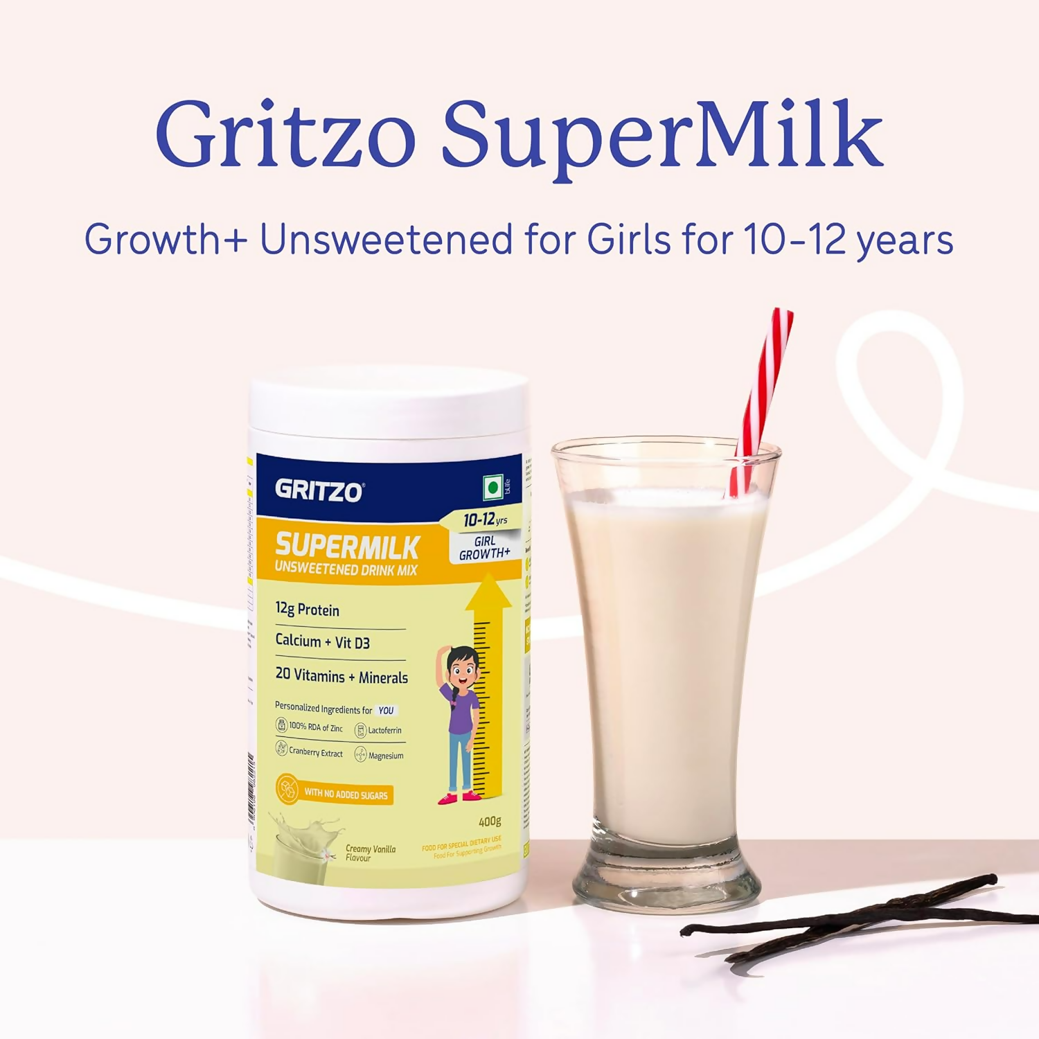 Gritzo SuperMilk Growth+ (Formerly Height+) Unsweetened Drink Mix (10-12y Girls), 12g Protein Powder Creamy Vanilla