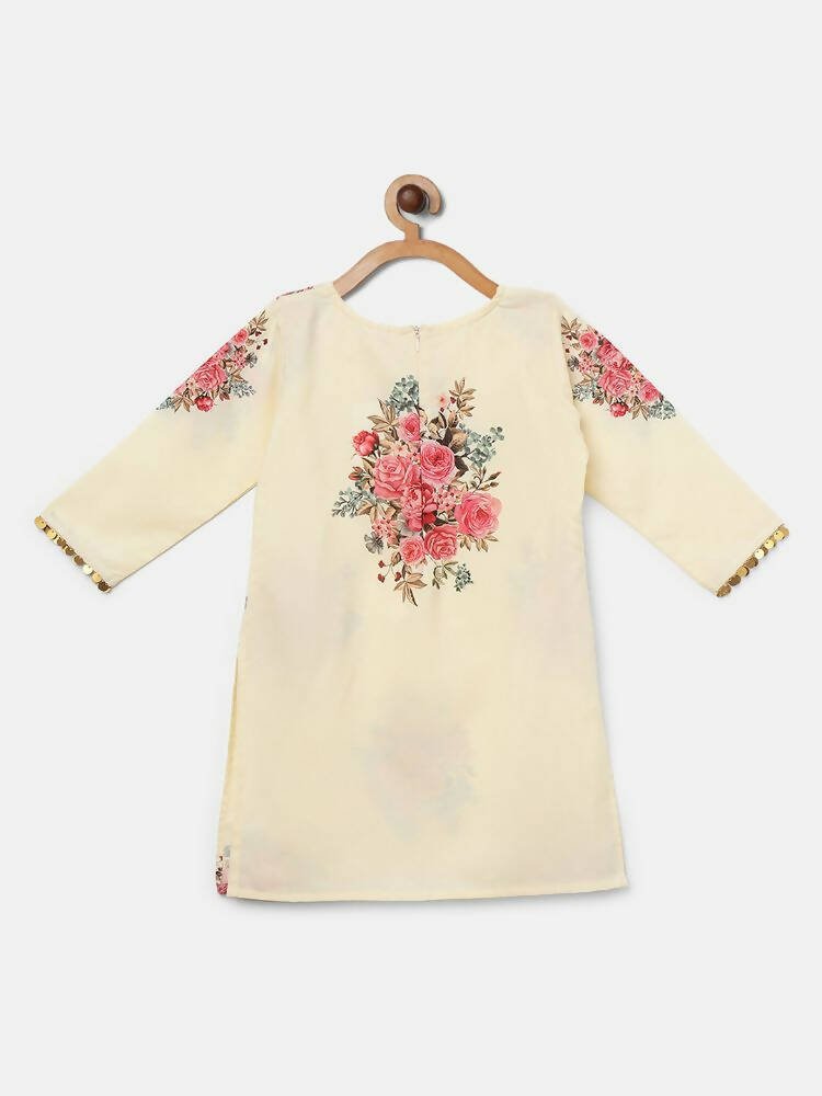 Ahalyaa Beige Crepe Floral Printed Kids Kurta Palazzo Set With Dupatta For Girls