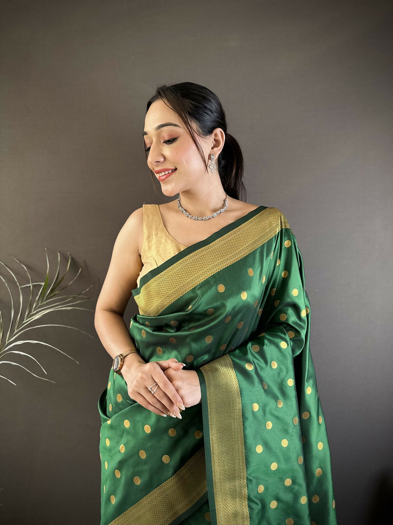 Joban Fashion Green Polka Dot Lichi Silk Paithani Silk Saree - Distacart