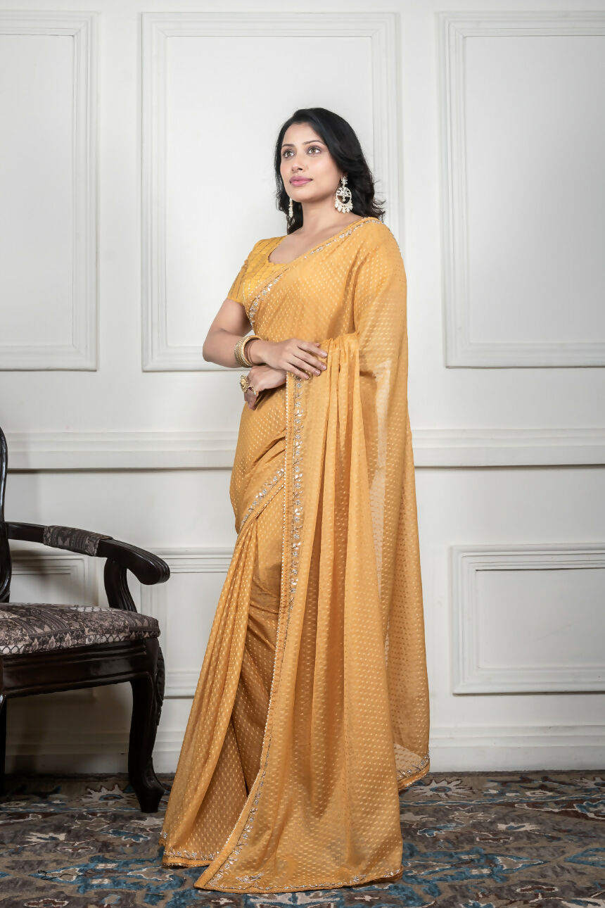 Morchari Yellow Pure Chiffon Hand Embroidery Saree And Stitched Blouse - Distacart