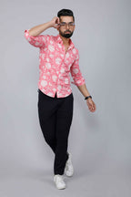 Miravan Men's Pink Floral Print Comfort Cotton Casual Shirt