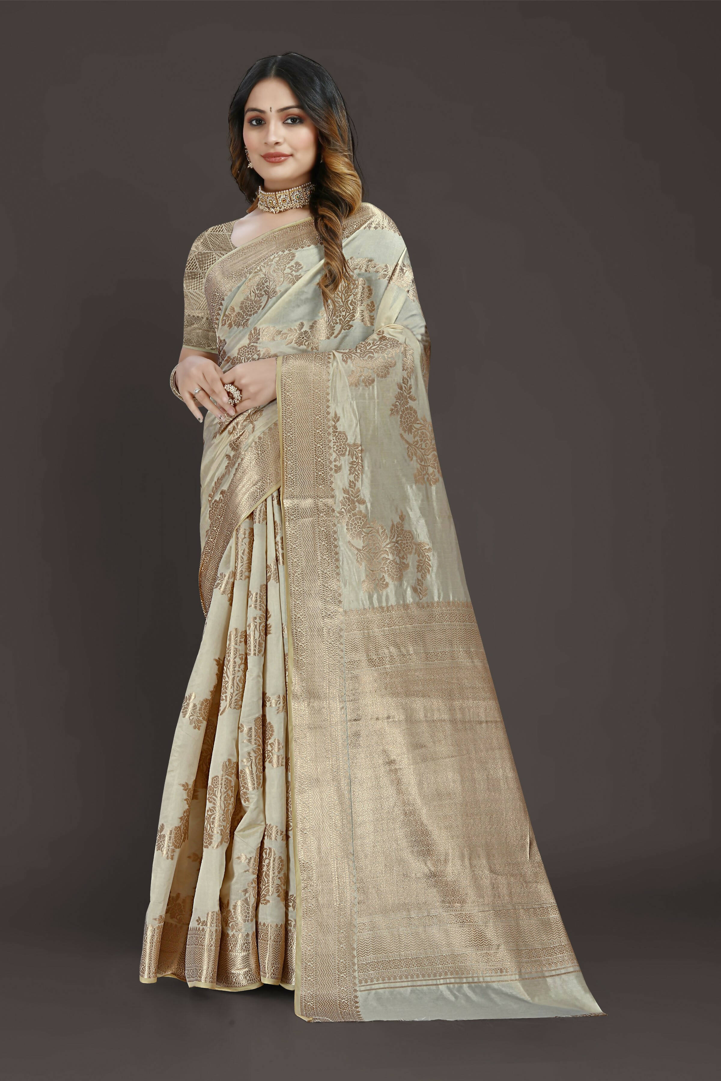 Off White Pure Raw Silk Zari Woven Saree with Unstitched Blouse Piece - Alisha