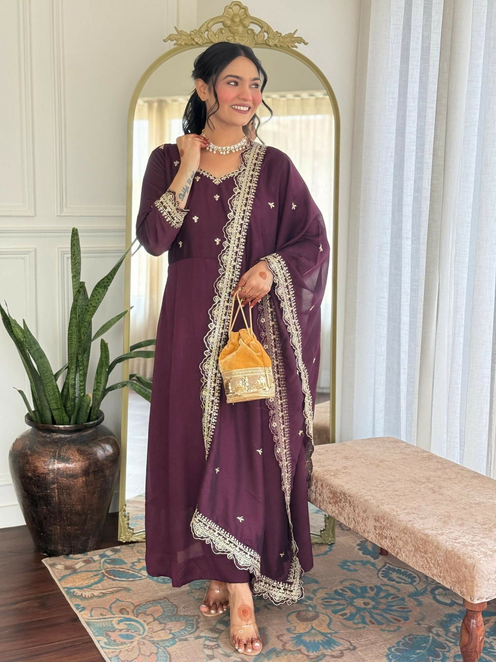 The52 Wine Women's Gorgeous Vichitra Silk Fabric Embroidered Work Flared Anarkali Pant and Dupatta Set - Distacart