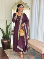 The52 Wine Women's Gorgeous Vichitra Silk Fabric Embroidered Work Flared Anarkali Pant and Dupatta Set - Distacart