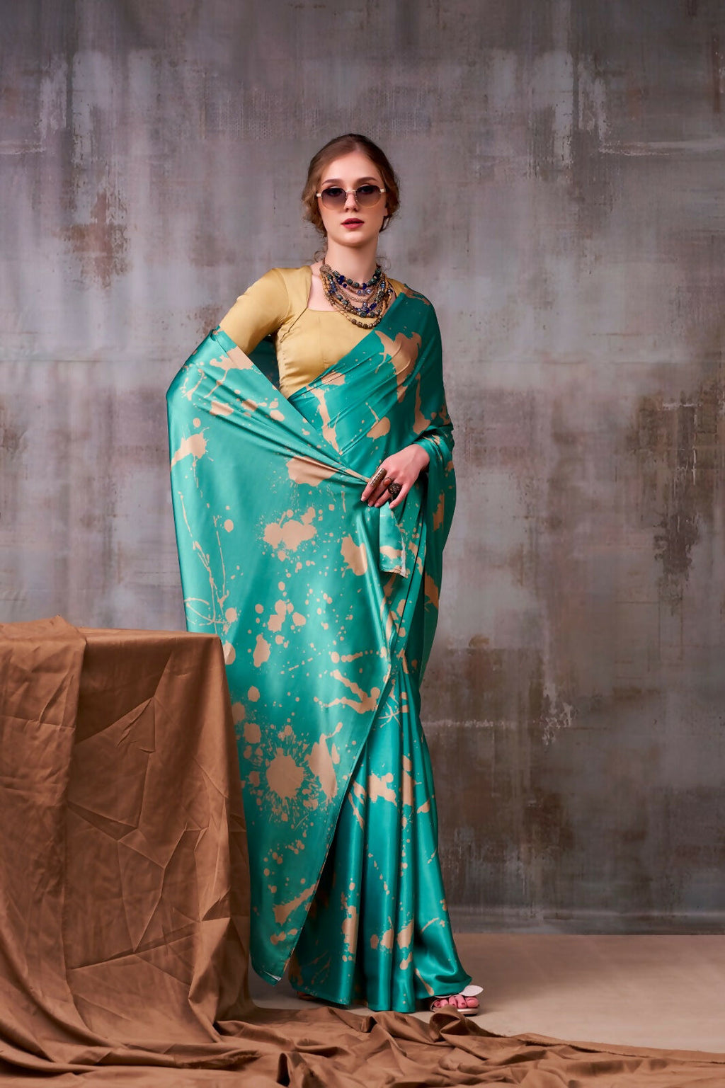 Vastranavya Sea Blue Satin Silk Printed Saree with a Natural Silk Unstitched Blouse - Distacart