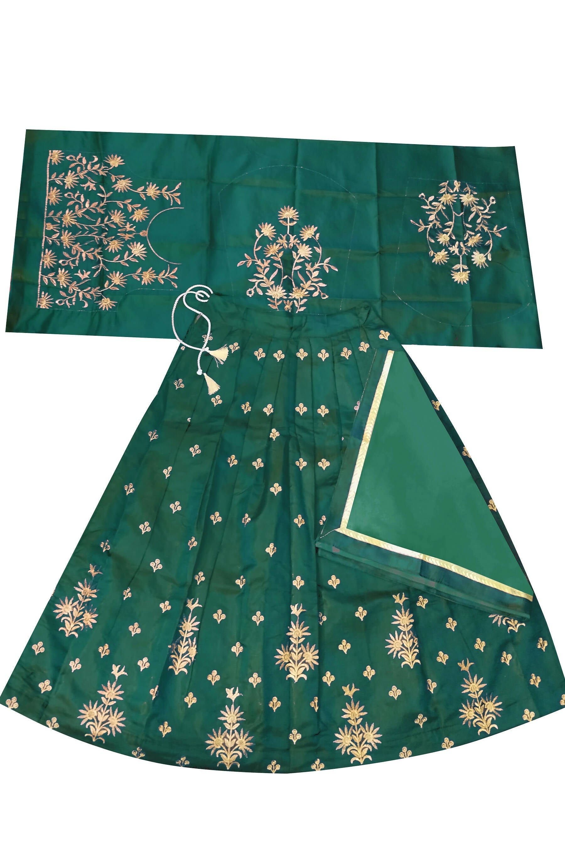 Dwiden Green Rohini Tafetta Sattin Semi-Stitched Girl's Lehenga Choli