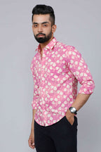 Miravan Men's Pink Print Comfort Cotton Festive Shirt