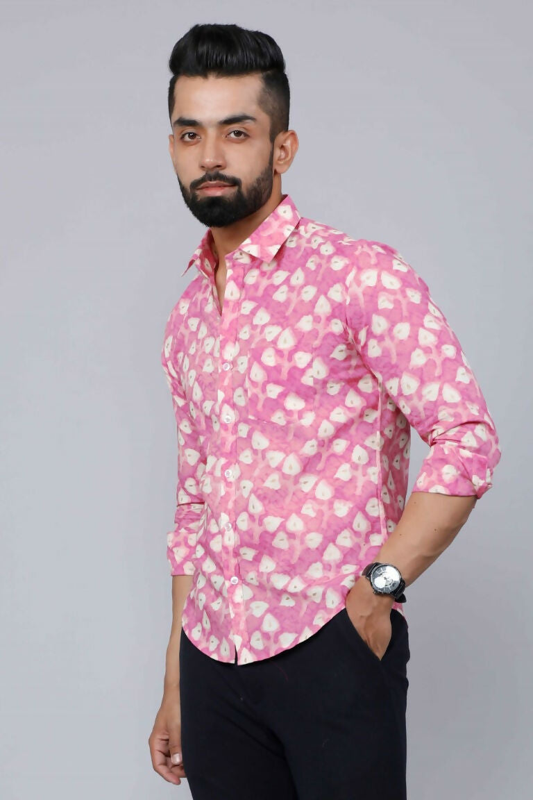 Miravan Men's Pink Print Comfort Cotton Festive Shirt