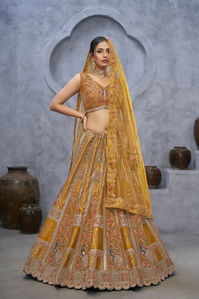 Kesar Fab Mustard Organza Embroidered Lehenga
