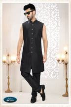 Joban Fashion Men's Black Straight Silk Thread And Sequence Embroidery All Over 3 Pc Kurta Set