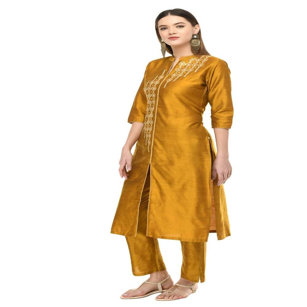 Lagi Women's Mustard Poly silk Straight Embroidred Kurta & Pant (RO115C)