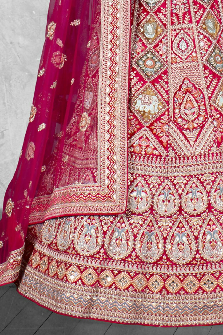 Pink Velvet Pure Mirror Work Semi Stitched Lehenga Choli with Dupatta - Nimaya Lagnotsav