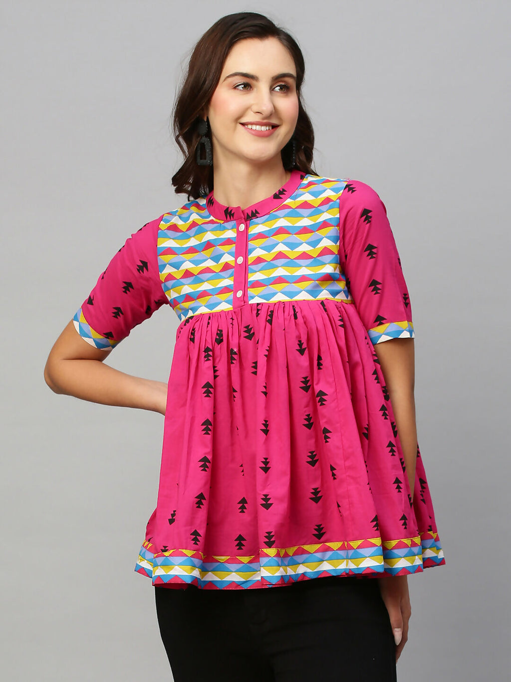 Pink & Black Pure Cotton Printed A-Line Top - Bosky