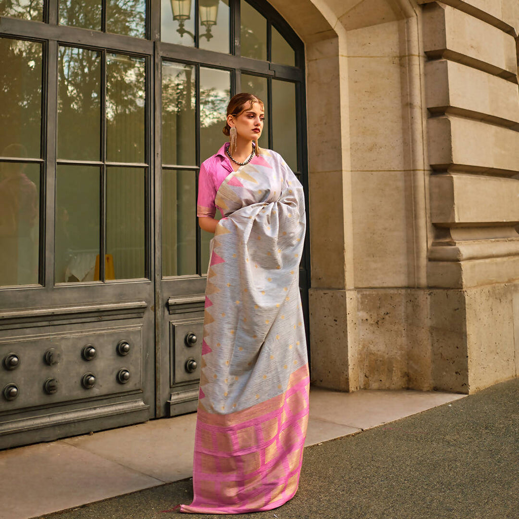 Coine Grey Handloom Khaddi Silk Saree With Contrast Pallu & Blouse - Rajtex Khwaab Silk