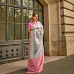 Coine Grey Handloom Khaddi Silk Saree With Contrast Pallu & Blouse - Rajtex Khwaab Silk