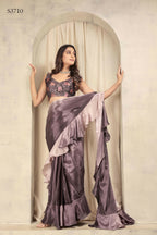 Wine Satin Solid Designer, Printed Party Wear Ready To Wear Saree - Nasreen