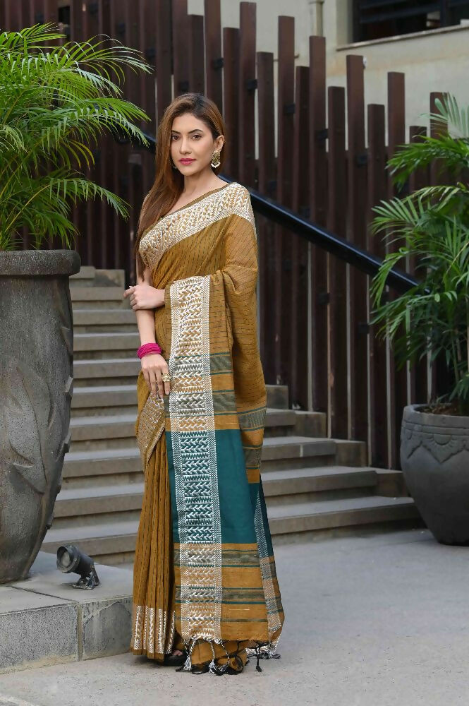 Beatitude Mustard Cotton Jacquard Border Tangail Handloom Saree