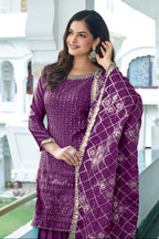 Teeya Creation Wine Colour Chinnon Silk Heavy Embroidery Work Fully Stitched Salwar Suit - Distacart