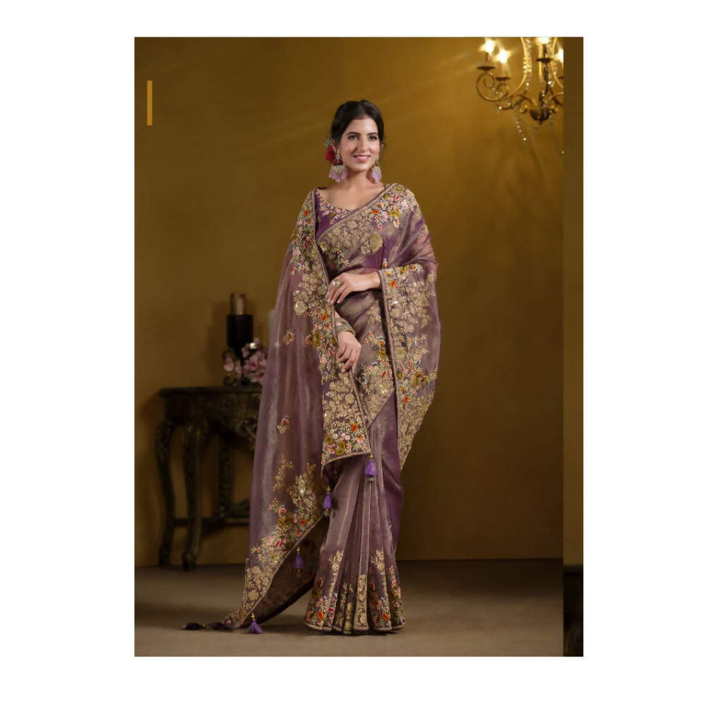 Purple Pure Banarasi Crush Pure Khatli work Designer Saree With Blouse. - Rajasvi