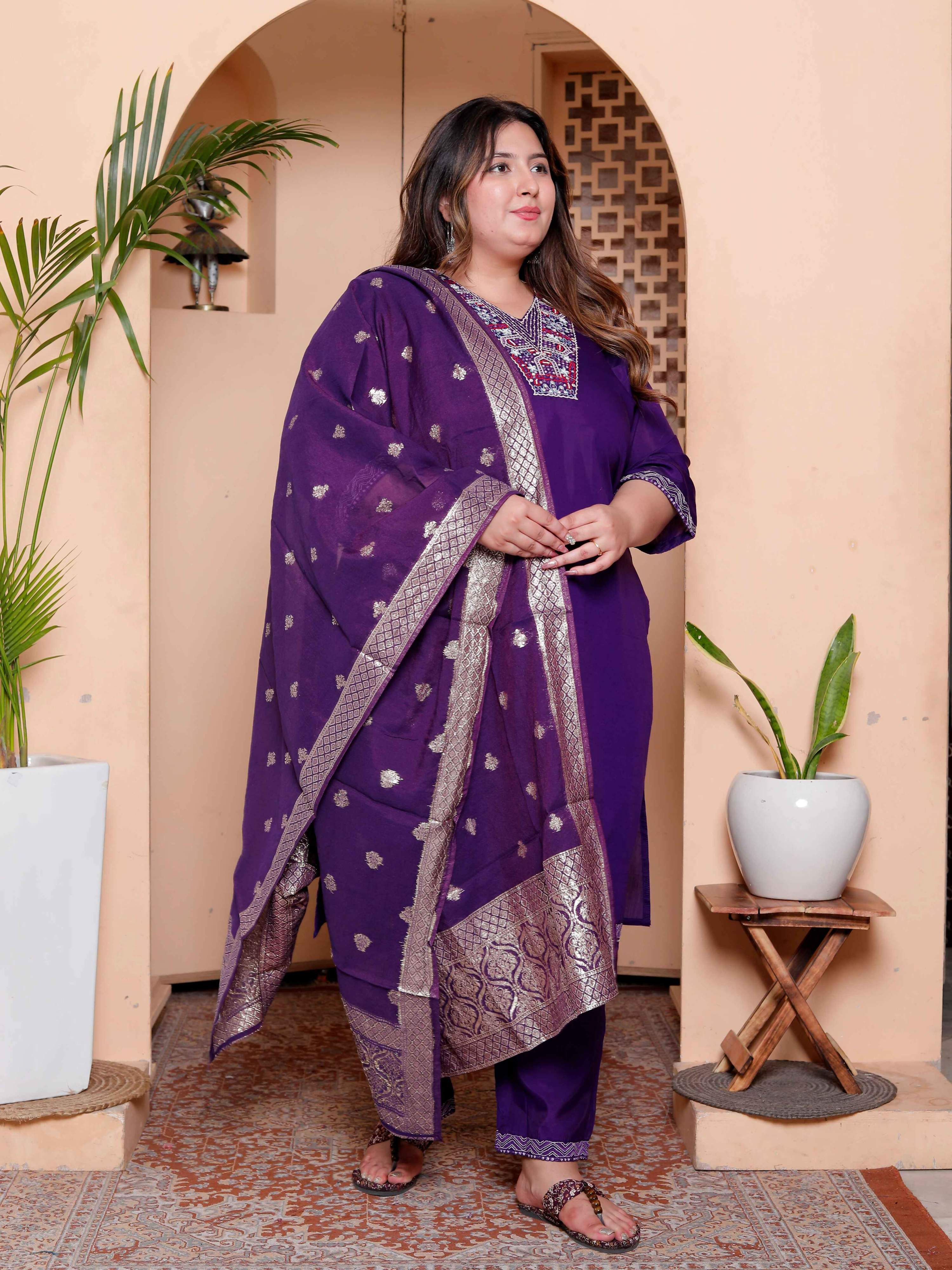 Miravan Women's Plus Size Purple Muslin Straight kurta and palazzo with dupatta Suit set - Distacart