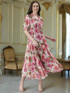 Souchii Cream Floral Chiffon Dress