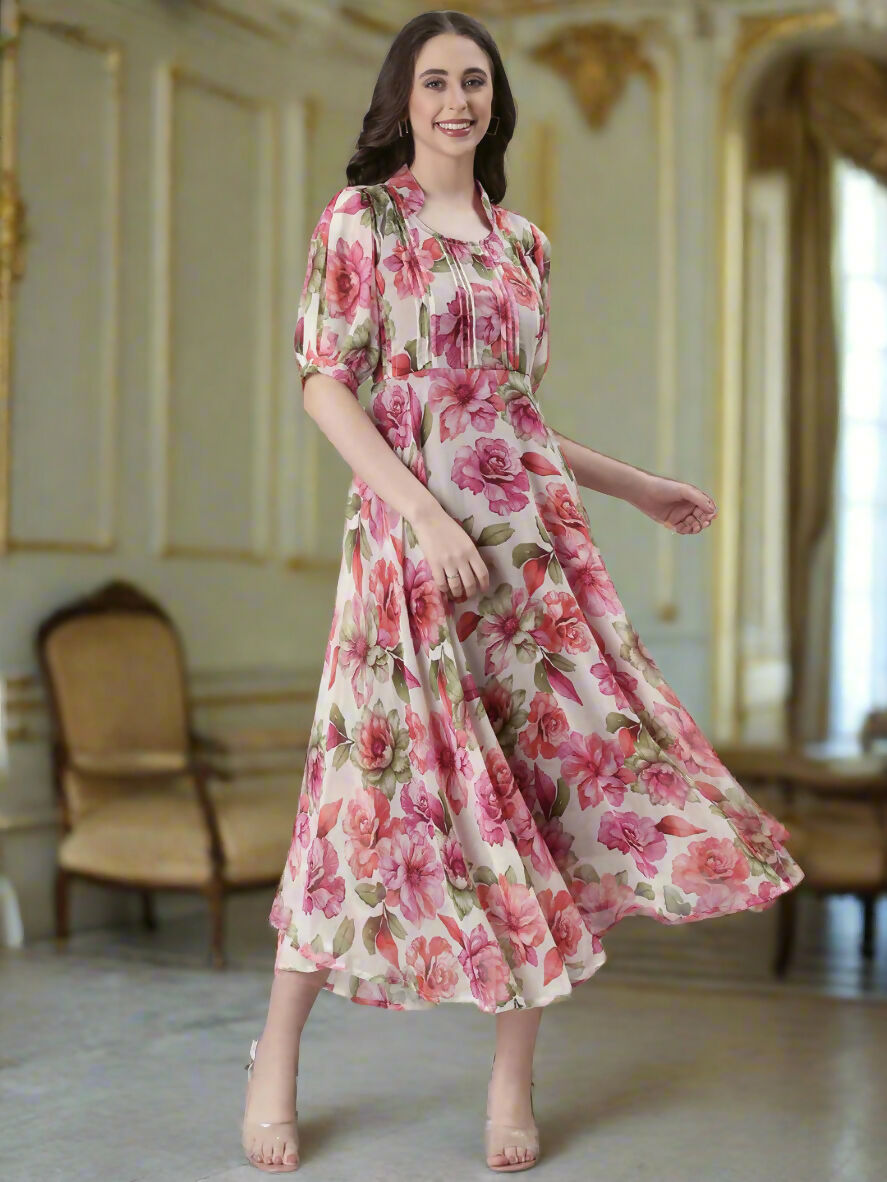 Souchii Cream Floral Chiffon Dress