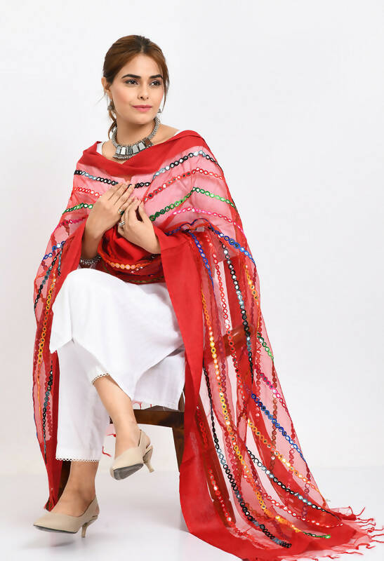 Mominos Fashion Moeza Women's Orgenza Multi Thread Mirror Work Red Dupatta - Distacart