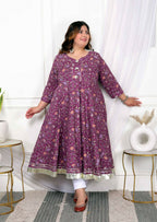 Miravan Women's Plus Size Cotton Gota Patti And Lace Border Details Floral Printed Purple Anarkali Kurta