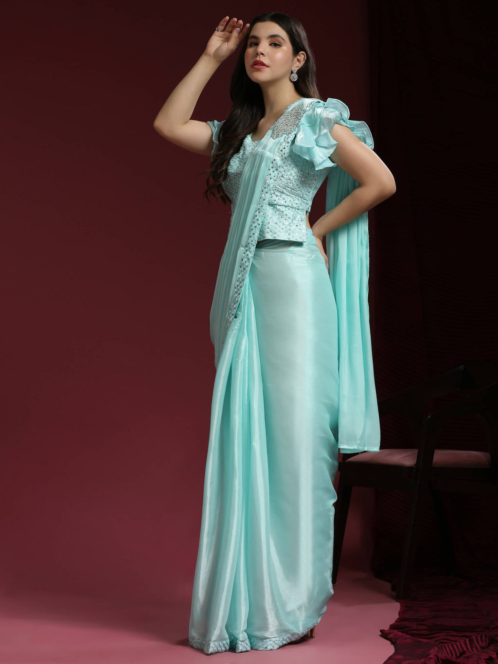 Light Blue Silk Satin Sequence Work Ready to Wear Saree with stitched Blouse - Nirvana