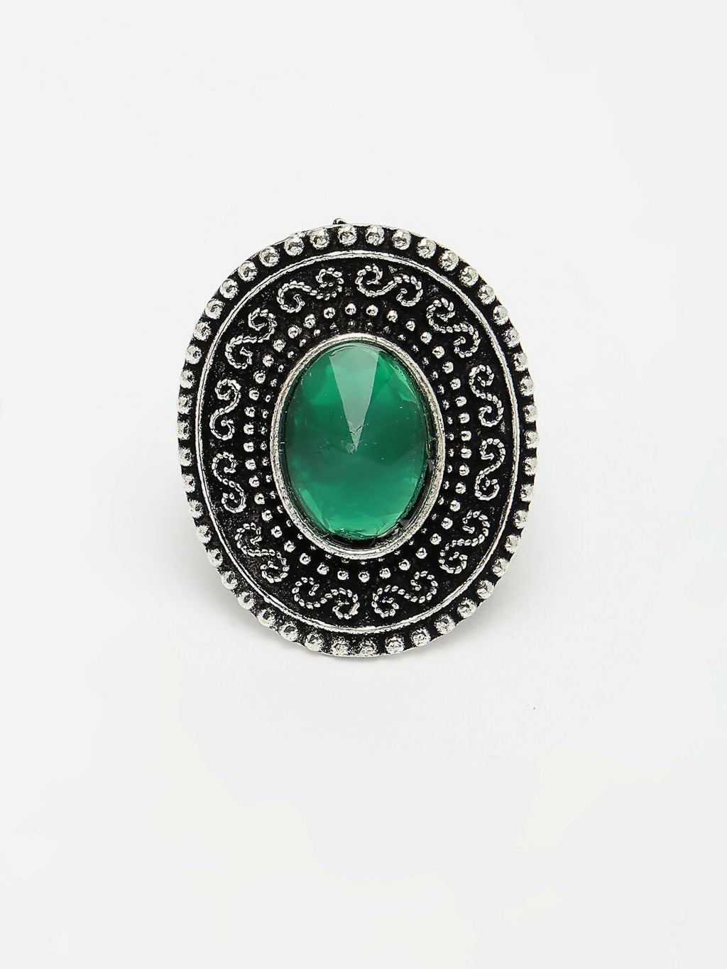 NVR Women's Green Silver-Toned German Silver Adjustable Finger Ring