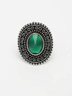 NVR Women's Green Silver-Toned German Silver Adjustable Finger Ring