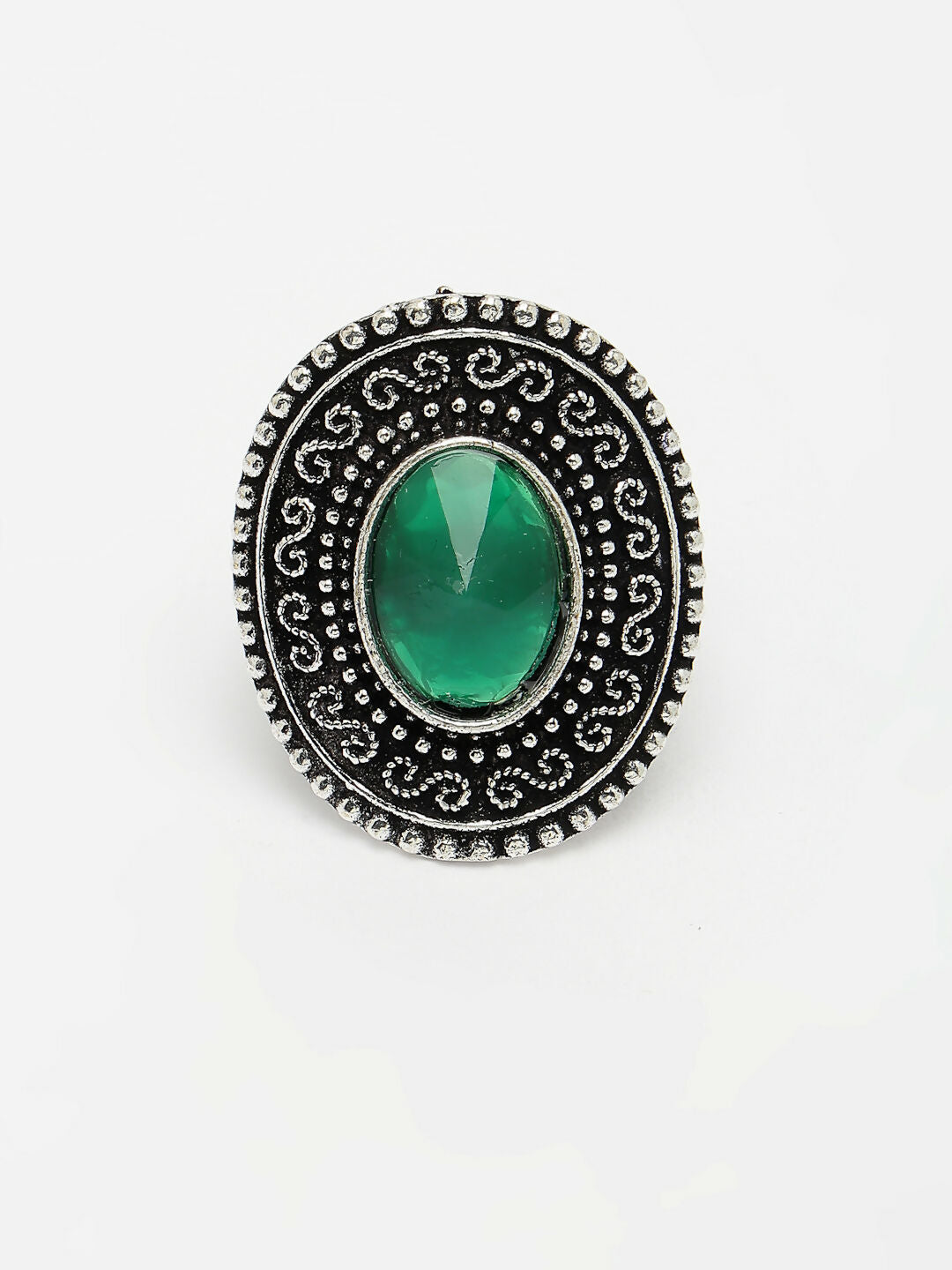 NVR Women's Green Silver-Toned German Silver Adjustable Finger Ring