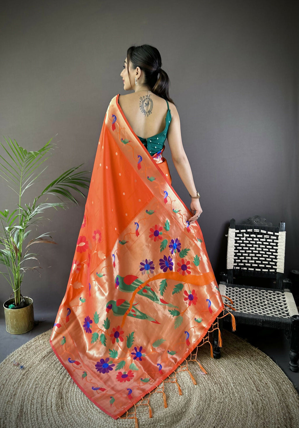 Joban Fashion Orange Zari Woven Floral Motifs Soft Silk Paithani Silk Saree - Distacart