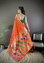 Joban Fashion Orange Zari Woven Floral Motifs Soft Silk Paithani Silk Saree - Distacart