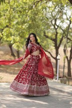 Vastranavya Designer Dyeable Pure Viscose Jacquard Fabric Lehenga Choli & Dupatta Set - Maroon