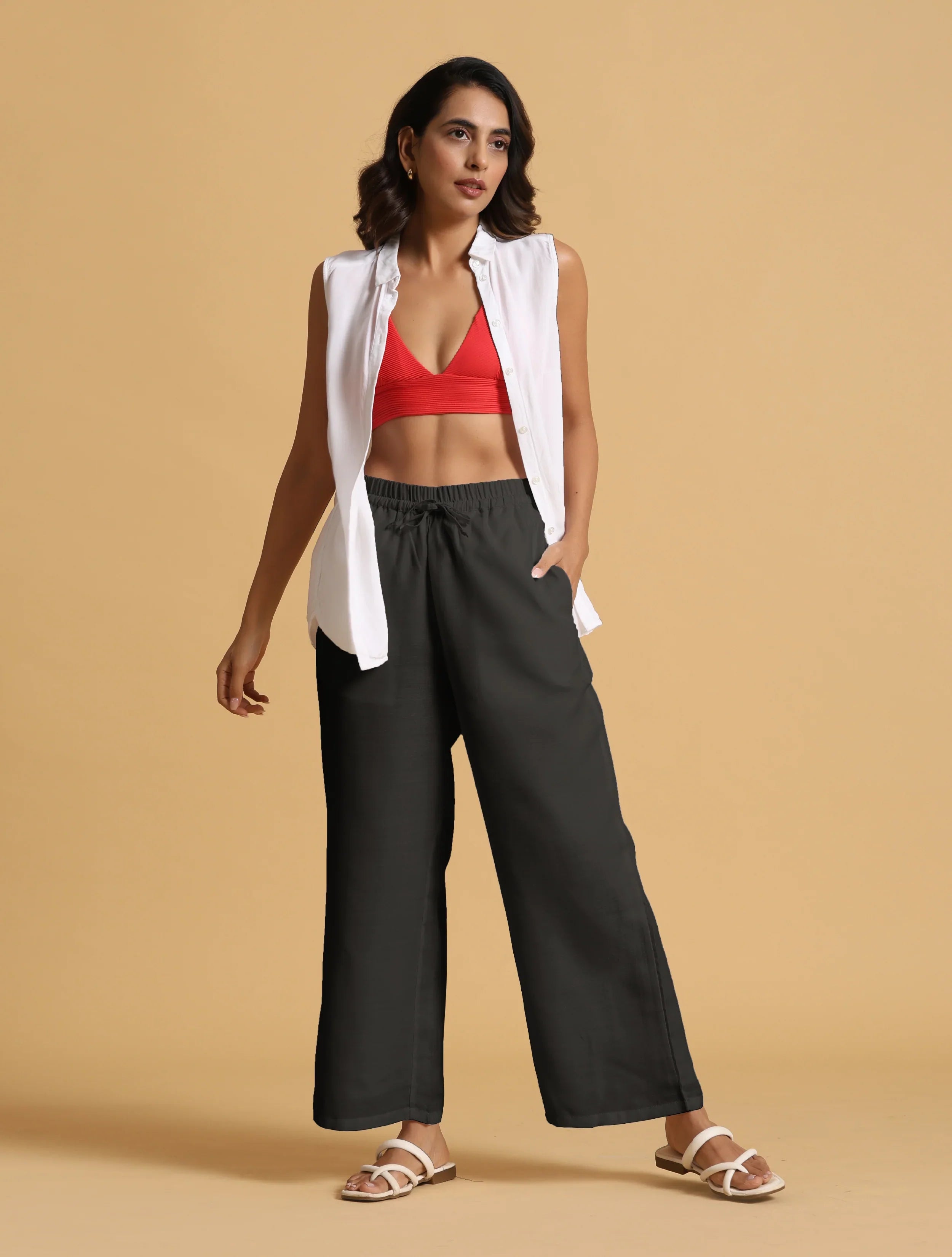 trueBrowns Black Cotton Blend Elasticated Drawstring Straight Pants