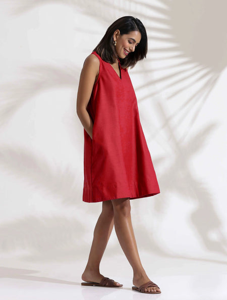 trueBrowns Red Cotton Blend Short Dress