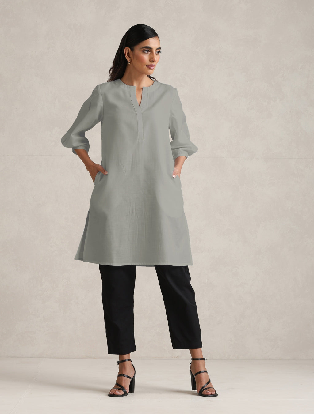 trueBrowns Grey Cotton Blend Short Kurta - Distacart