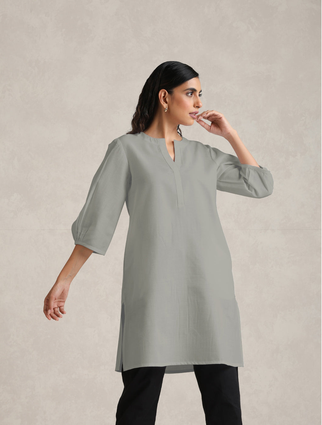 trueBrowns Grey Cotton Blend Short Kurta - Distacart