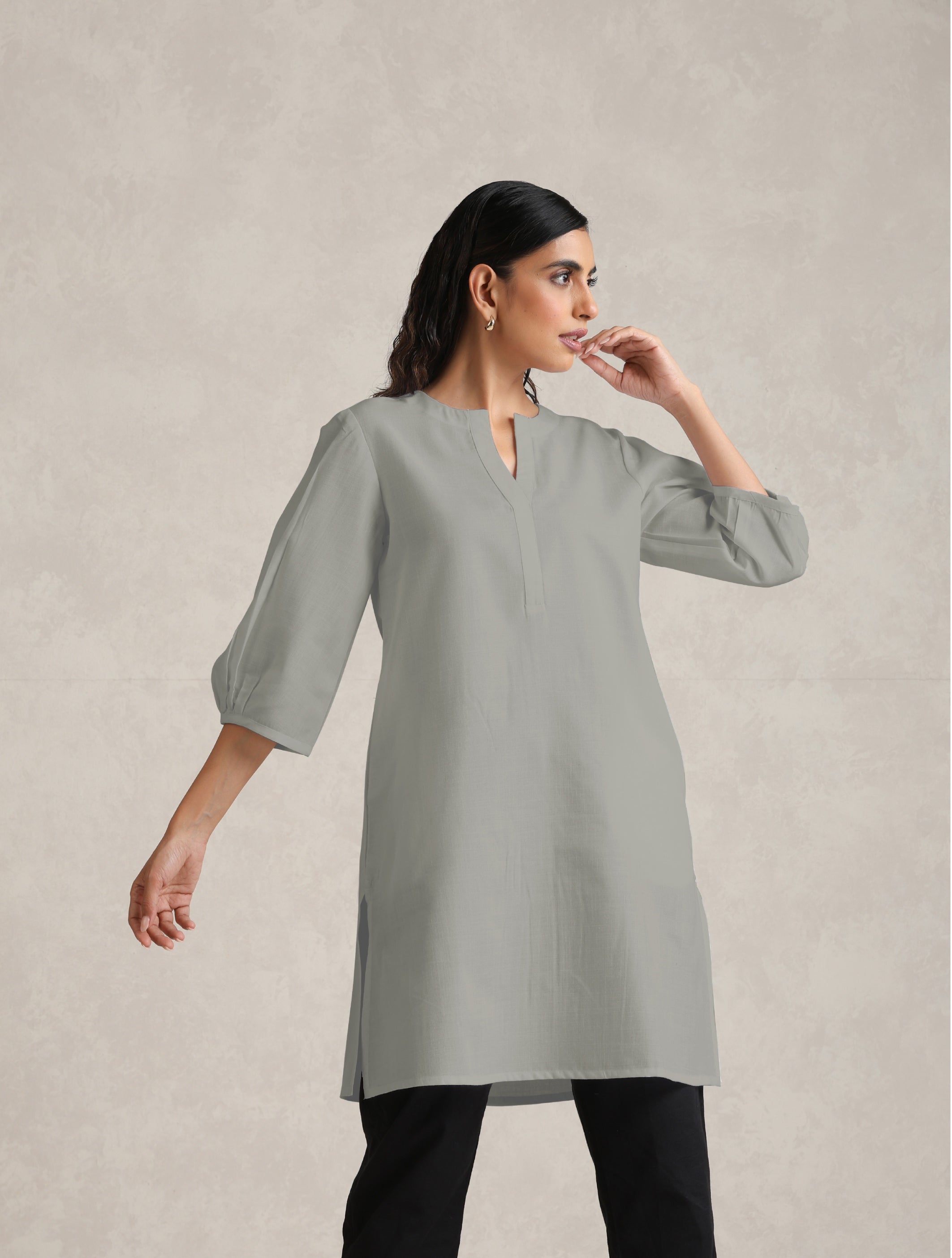 trueBrowns Grey Cotton Blend Short Kurta - Distacart