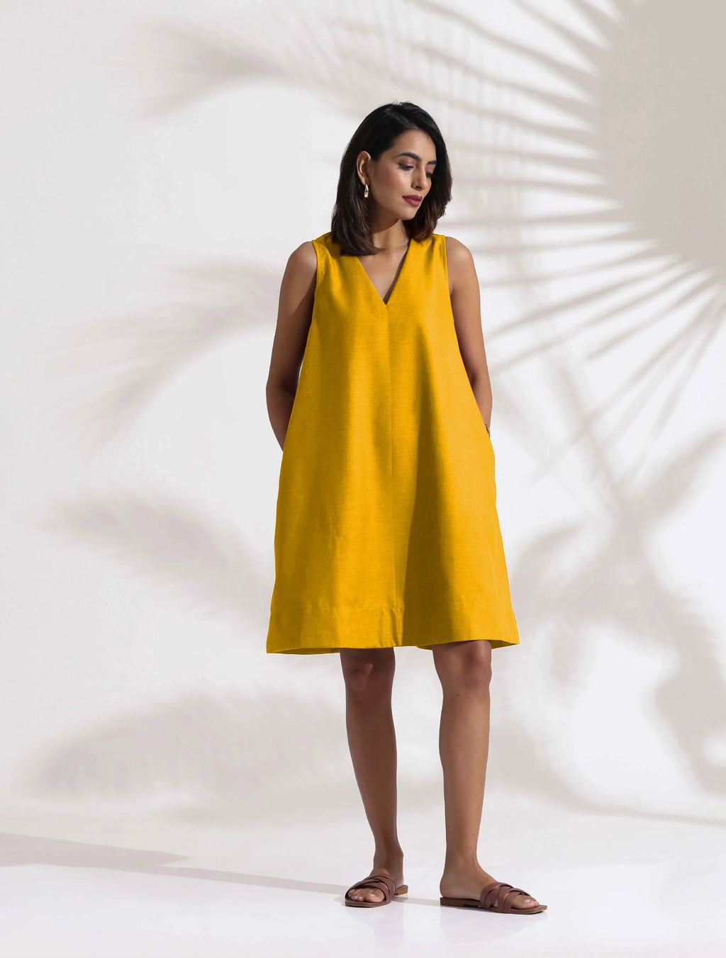 trueBrowns Mustard Cotton Blend Short Dress - Distacart