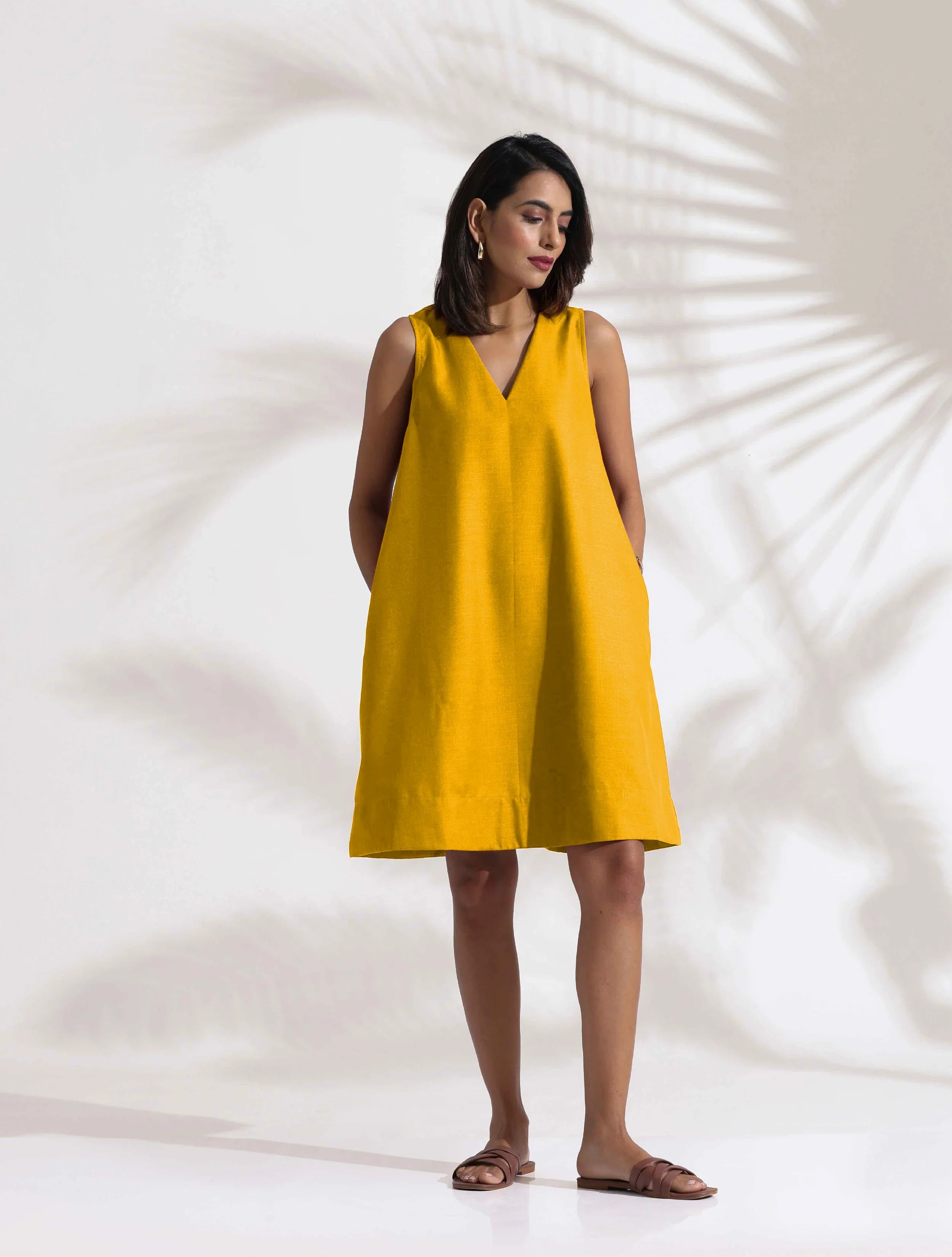 trueBrowns Mustard Cotton Blend Short Dress - Distacart